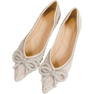 image:imageHee grand Flats for Women Pointed Toe Bowknot Crystals Shoes Glittering Rhinestone Wedding Dress Shoes434apricot
