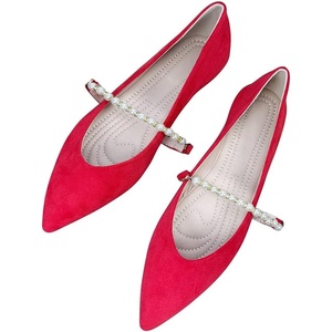 image:imageHee grand Pointed Toe Shallow Flats for Women Elegant Pearl Rhinestone Dressy Shoes Lightweight Faux Suede Ballet ShoesRed