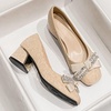 image:imageHee grand Cute Pearl Bowknot Heels for Women Comfy Square Toe Chunky Block Low Heel Office Work Pumps Fashion Glitter Heeled Shoes174apricot