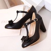 image:imageHee grand Mary Jane Heels for Women Closed Round Toe TStrap Bow Chunky Block Heels Soft Leather Office Work Pumps Wedding Dress Shoes Large Size190black