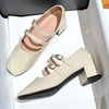 image:imageHee grand Retro Square Toe Ankle Buckles Mary Jane Chunky Heels for Women Comfortable Mid Block Heel Work Pumps Patent Leather Dress Shoes196beige