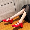 image:imageHee grand Retro Square Toe Ankle Buckles Mary Jane Chunky Heels for Women Comfortable Mid Block Heel Work Pumps Patent Leather Dress Shoes196red