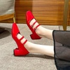 image:imageHee grand Retro Square Toe Ankle Buckles Mary Jane Chunky Heels for Women Comfortable Mid Block Heel Work Pumps Patent Leather Dress Shoes196red