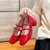 image:imageHee grand Retro Square Toe Ankle Buckles Mary Jane Chunky Heels for Women Comfortable Mid Block Heel Work Pumps Patent Leather Dress Shoes196red