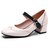 image:imageHee grand Vintage Mary Jane Shoes Chunky Heels for Women Square Toe Adjustable Strap Pump PU Leather Brogue Work Heels Dress ShoesBeige
