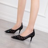 image:imageHee grand Women Mid Heels Pointed Toe Pump Small Heels Office Shoes for Work Sexy Mesh Lace Wedding Party Dress Shoes2black