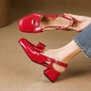 image:imageHee grand Womens Bowknot Chunky Block Mary Jane Shoes Closed Square Toe Slingback Sandals Comfortable Dress Shoes Big SizeRed