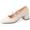 image:imageHee grand Retro Square Toe Ankle Buckles Mary Jane Chunky Heels for Women Comfortable Mid Block Heel Work Pumps Patent Leather Dress Shoes196beige