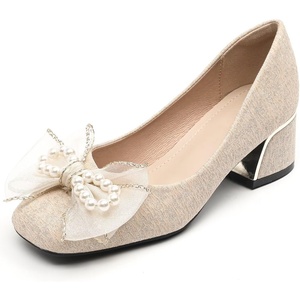 image:imageHee grand Cute Pearl Bowknot Heels for Women Comfy Square Toe Chunky Block Low Heel Office Work Pumps Fashion Glitter Heeled Shoes164apricot