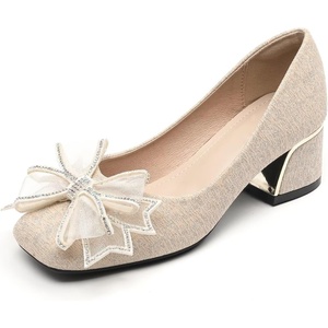image:imageHee grand Cute Pearl Bowknot Heels for Women Comfy Square Toe Chunky Block Low Heel Office Work Pumps Fashion Glitter Heeled Shoes173apricot