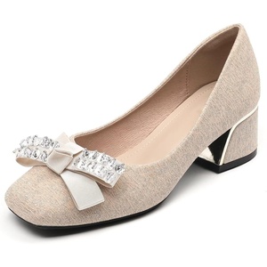 image:imageHee grand Cute Pearl Bowknot Heels for Women Comfy Square Toe Chunky Block Low Heel Office Work Pumps Fashion Glitter Heeled Shoes174apricot