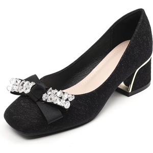 image:imageHee grand Cute Pearl Bowknot Heels for Women Comfy Square Toe Chunky Block Low Heel Office Work Pumps Fashion Glitter Heeled Shoes174black