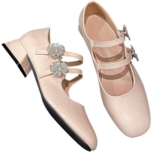 image:imageHee grand Mary Jane Chunky Heels for Women Shiny Patent Leather Square Toe Block Heels with Strap Sparkling Rhinestone Buckle Wedding Dress Shoes Comfortable Mid Heel Work Pumps183apricot