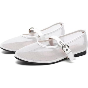 image:imageHee grand Mesh Flats for Women Round Toe Width Mary Jane Flats Crystal Rhinestone Studded Ballerina ShoesMesh White