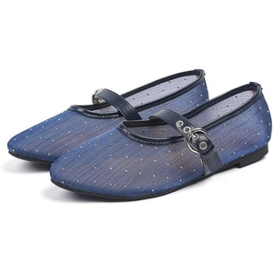image:imageHee grand Mesh Flats for Women Round Toe Width Mary Jane Flats Crystal Rhinestone Studded Ballerina ShoesRhinestone Blue