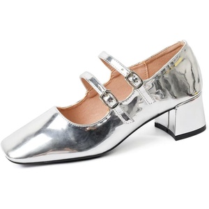 image:imageHee grand Retro Square Toe Ankle Buckles Mary Jane Chunky Heels for Women Comfortable Mid Block Heel Work Pumps Patent Leather Dress Shoes196silver