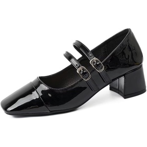 image:imageHee grand Retro Square Toe Ankle Buckles Mary Jane Chunky Heels for Women Comfortable Mid Block Heel Work Pumps Patent Leather Dress Shoes197black