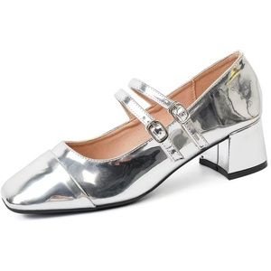 image:imageHee grand Retro Square Toe Ankle Buckles Mary Jane Chunky Heels for Women Comfortable Mid Block Heel Work Pumps Patent Leather Dress Shoes197silver