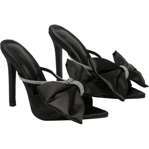 image:imageHee grand Satin Bowknot Rhinestones High Heel Sandals Slides Sexy Open Toe Party Dress Sandals1black
