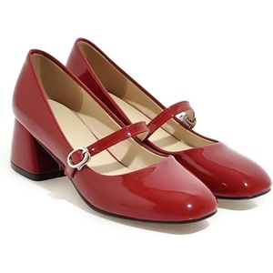 image:imageHee grand Vintage Mary Jane Shoes Chunky Heels for Women Square Toe Adjustable Strap Pump PU Leather Brogue Work Heels Dress Shoes130red