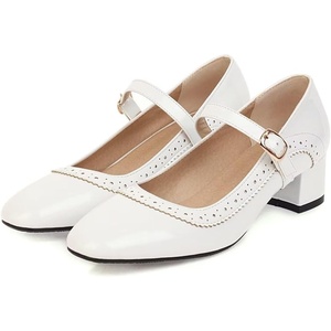 image:imageHee grand Vintage Mary Jane Shoes Chunky Heels for Women Square Toe Adjustable Strap Pump PU Leather Brogue Work Heels Dress Shoes139white