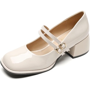 image:imageHee grand Vintage Mary Jane Shoes Chunky Heels for Women Square Toe Adjustable Strap Pump PU Leather Brogue Work Heels Dress Shoes517apricot