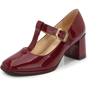 image:imageHee grand Vintage Mary Jane Shoes Chunky Heels for Women Square Toe Adjustable Strap Pump PU Leather Brogue Work Heels Dress Shoes519wine Red