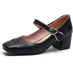 image:imageHee grand Vintage Mary Jane Shoes Chunky Heels for Women Square Toe Adjustable Strap Pump PU Leather Brogue Work Heels Dress ShoesBlack
