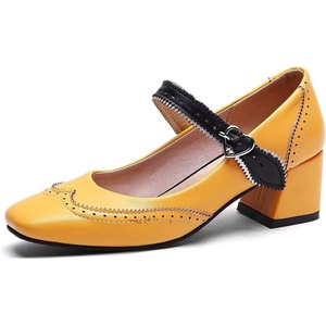 image:imageHee grand Vintage Mary Jane Shoes Chunky Heels for Women Square Toe Adjustable Strap Pump PU Leather Brogue Work Heels Dress ShoesYellow
