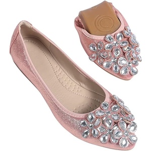 image:imageHee grand Women Foldable Ballet Flats Bling Rhinestones Soft Leather Pointy Toe Flats Sparkle Wedding Dress Shoes Comfort Slip on Loafers Big SizeApink