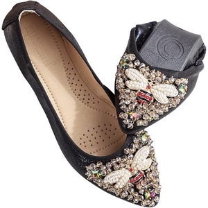 image:imageHee grand Women Foldable Ballet Flats Bling Rhinestones Soft Leather Pointy Toe Flats Sparkle Wedding Dress Shoes Comfort Slip on Loafers Big SizeEblack