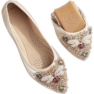 image:imageHee grand Women Foldable Ballet Flats Bling Rhinestones Soft Leather Pointy Toe Flats Sparkle Wedding Dress Shoes Comfort Slip on Loafers Big SizeEgold