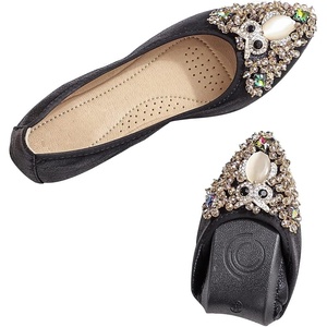 image:imageHee grand Women Foldable Ballet Flats Bling Rhinestones Soft Leather Pointy Toe Flats Sparkle Wedding Dress Shoes Comfort Slip on Loafers Big SizeFblack