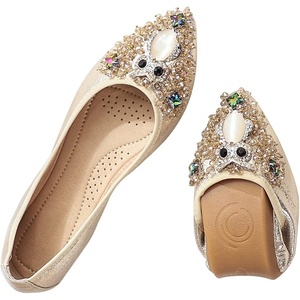 image:imageHee grand Women Foldable Ballet Flats Bling Rhinestones Soft Leather Pointy Toe Flats Sparkle Wedding Dress Shoes Comfort Slip on Loafers Big SizeFgold