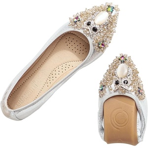 image:imageHee grand Women Foldable Ballet Flats Bling Rhinestones Soft Leather Pointy Toe Flats Sparkle Wedding Dress Shoes Comfort Slip on Loafers Big SizeFsilver