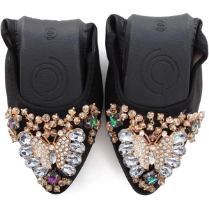 image:imageHee grand Women Foldable Ballet Flats Bling Rhinestones Soft Leather Pointy Toe Flats Sparkle Wedding Dress Shoes Comfort Slip on Loafers Big SizeKblack