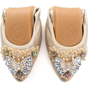 image:imageHee grand Women Foldable Ballet Flats Bling Rhinestones Soft Leather Pointy Toe Flats Sparkle Wedding Dress Shoes Comfort Slip on Loafers Big SizeKgold