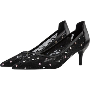 image:imageHee grand Women Mid Heels Pointed Toe Pump Small Heels Office Shoes for Work Sexy Mesh Lace Wedding Party Dress Shoes2black