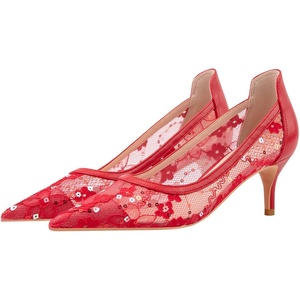 image:imageHee grand Women Mid Heels Pointed Toe Pump Small Heels Office Shoes for Work Sexy Mesh Lace Wedding Party Dress Shoes2red