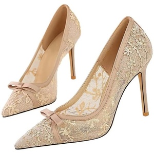 image:imageHee grand Women Sexy Pointed Toe Lace High Heels Comfort Work Pumps Ladies Stilettos Bridal Dress Shoes for WeddingYbow Champagne