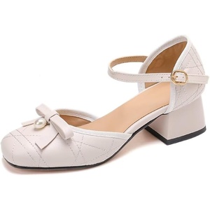 image:imageHee grand Womens Bowknot Chunky Block Heels Closed Square Toe Dress Shoes Comfortable Office Sandals Big SizeBeige