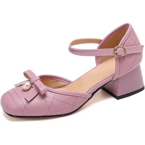 image:imageHee grand Womens Bowknot Chunky Block Heels Closed Square Toe Dress Shoes Comfortable Office Sandals Big SizePurple