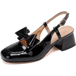 image:imageHee grand Womens Bowknot Chunky Block Mary Jane Shoes Closed Square Toe Slingback Sandals Comfortable Dress Shoes Big SizeBlack