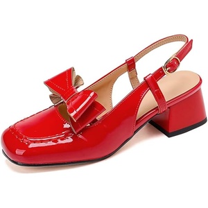 image:imageHee grand Womens Bowknot Chunky Block Mary Jane Shoes Closed Square Toe Slingback Sandals Comfortable Dress Shoes Big SizeRed