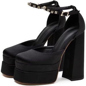 image:imageHee grand Womens Platform Heeled Sandals Closed Square Toe Ankle Buckle Strap Chunky High Heels Pumps Mary Janes Fashion Party Dress ShoesAblacksatin