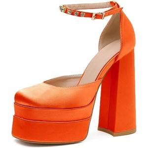 image:imageHee grand Womens Platform Heeled Sandals Closed Square Toe Ankle Buckle Strap Chunky High Heels Pumps Mary Janes Fashion Party Dress ShoesAorangesatin