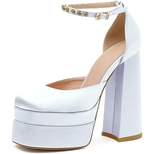 image:imageHee grand Womens Platform Heeled Sandals Closed Square Toe Ankle Buckle Strap Chunky High Heels Pumps Mary Janes Fashion Party Dress ShoesAwhitesatin
