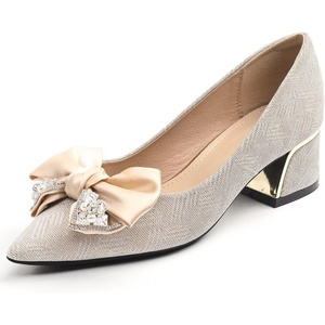 image:imageHee grand Womens Pointed Toe Rhinestone Bow Low Heel Pumps SlipOn Glitter Dress Shoes for Wedding Bridal Party Evening155apricot