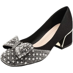 image:imageHee grand Womens Rhinestone Pearl Bow Square Toe Block Heel Pumps Slip On Chunky Low Heel Dress Shoes Comfortable Wedding Bridal Party Office Work Shoes for Ladies160black