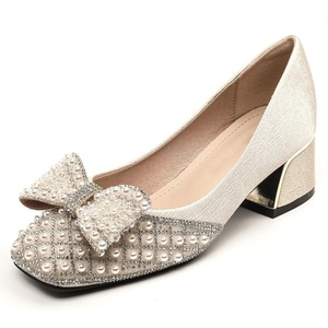 image:imageHee grand Womens Rhinestone Pearl Bow Square Toe Block Heel Pumps Slip On Chunky Low Heel Dress Shoes Comfortable Wedding Bridal Party Office Work Shoes for Ladies160apricot